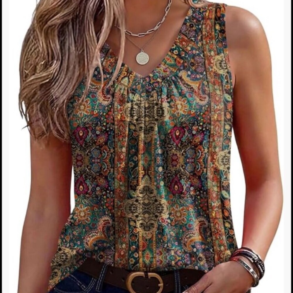 Tank Top Pleated V Neck Sleeveless Loose Fit Basic Tee Dressy Casual Summer